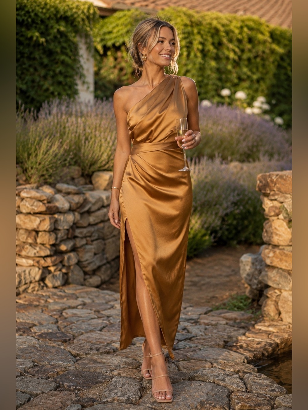 PETAL & PUP NADIA ONE SHOULDER MAXI DRESS - BRONZE SIZE 2 B1566